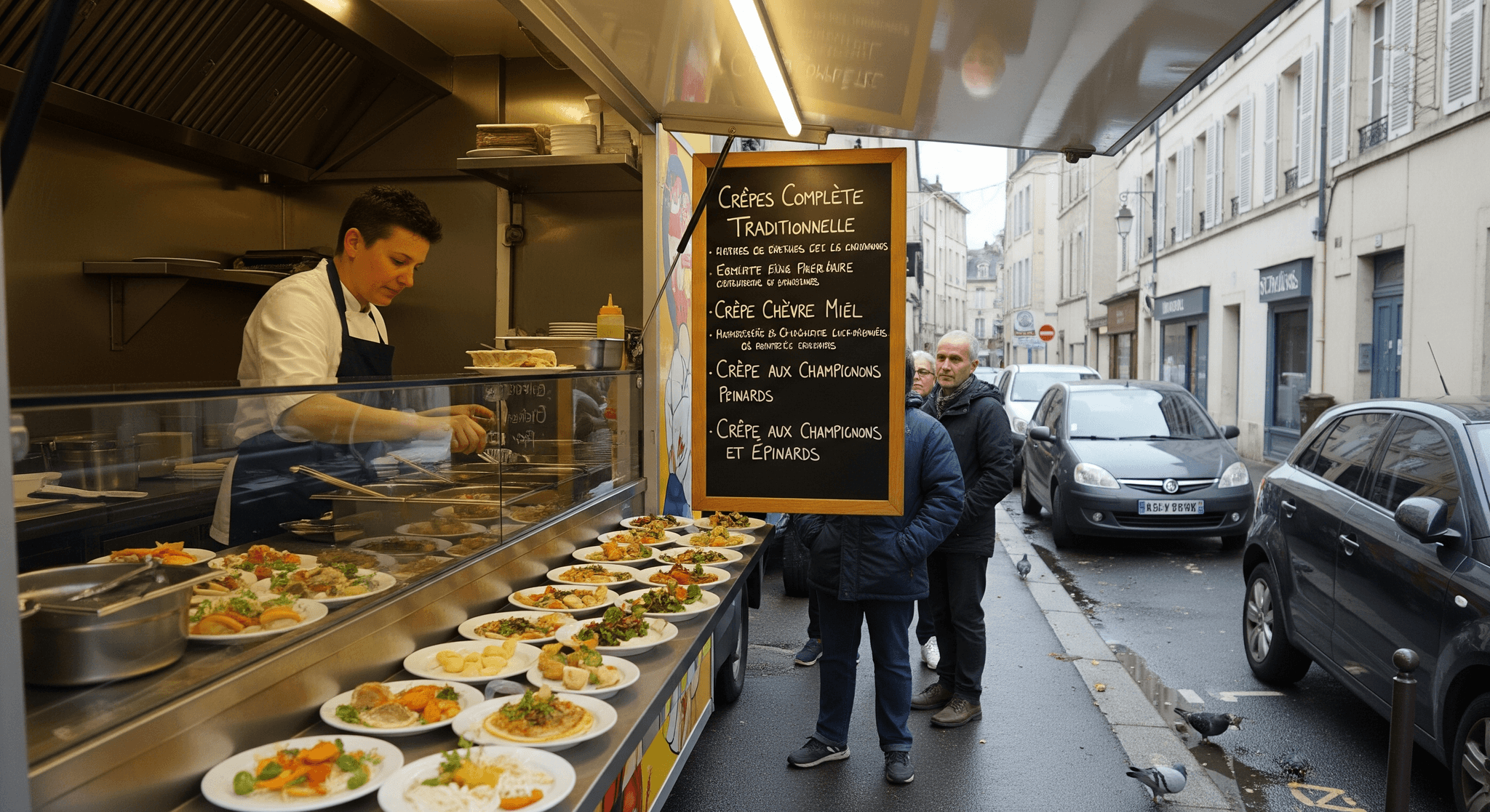 Chef prépare crêpes dans un food truck en ville, plats exposés sur comptoir, menu visible, clients en attente.