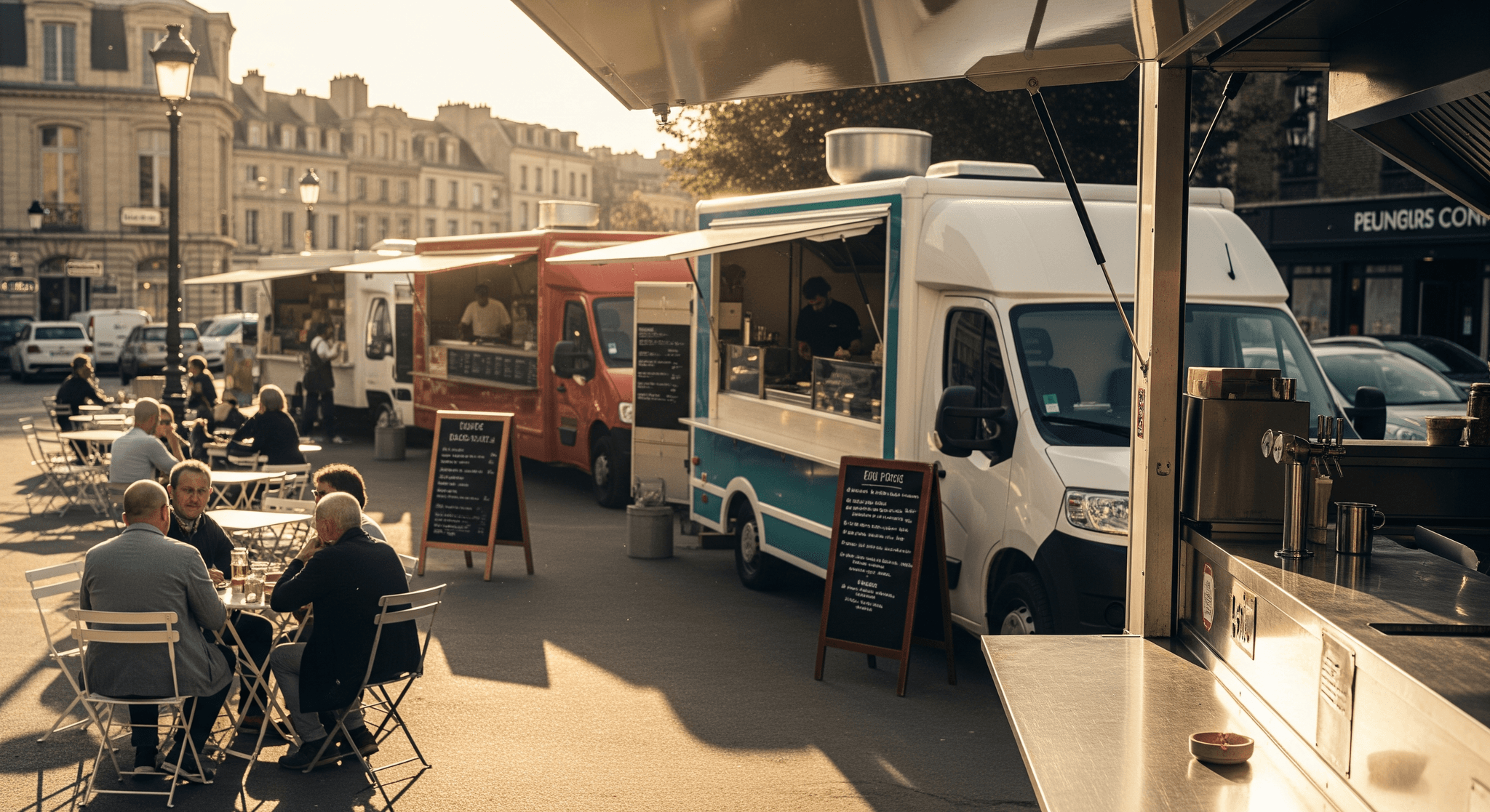 Food truck park urbain avec plusieurs concepts mobiles de restauration et clients en terrasse.