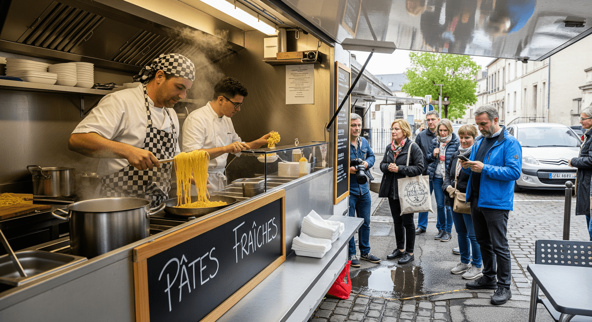 Deux chefs servent des pâtes fraîches artisanales fumantes depuis un food truck italien équipé de matériel professionnel.