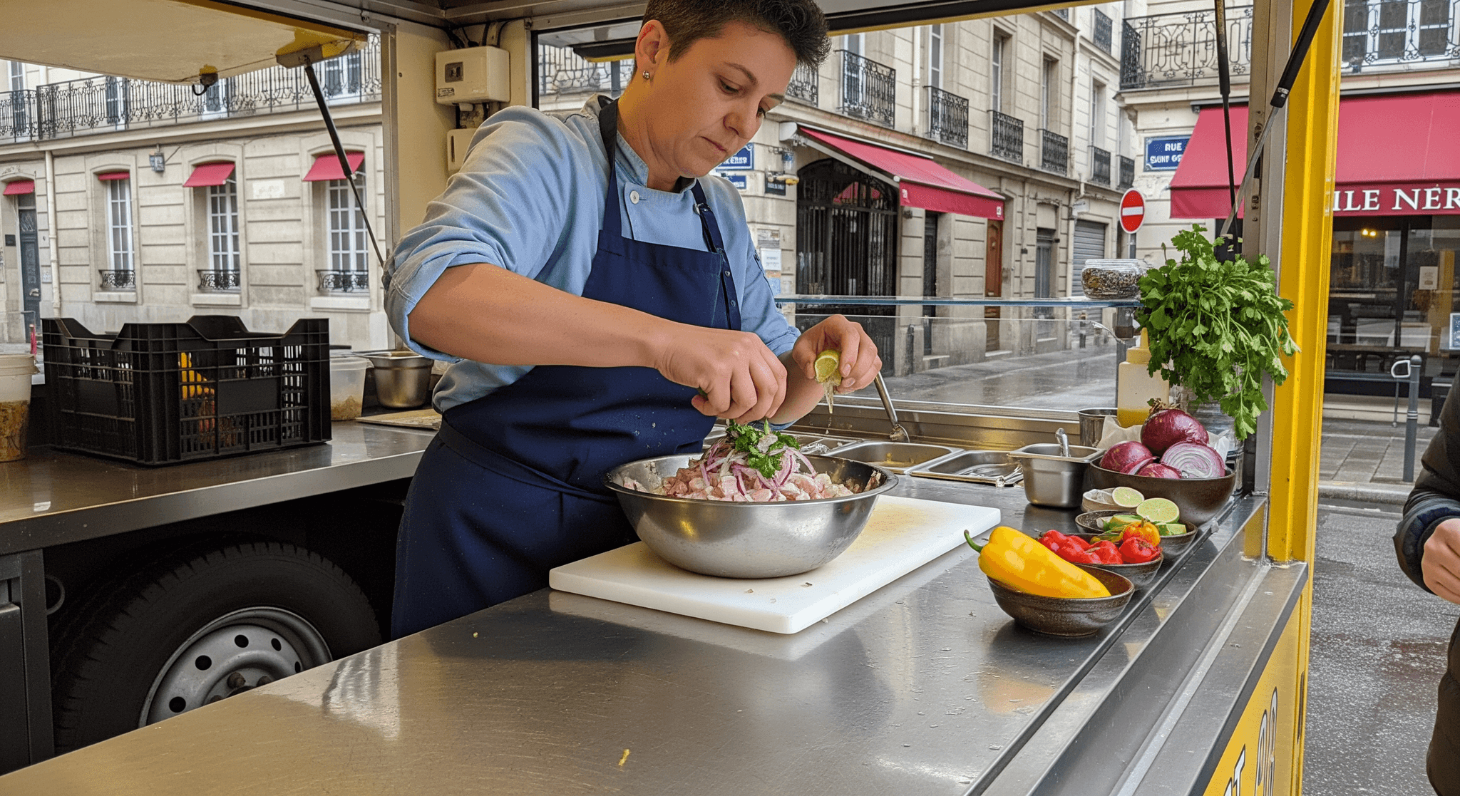 Chef préparant un ceviche péruvien dans un food truck MCR avec plan de travail en acier inoxydable, cuisine mobile.