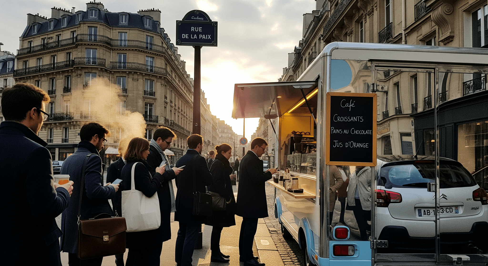 Food truck chromé Rue de la Paix, Paris, servant café et viennoiseries à une clientèle matinale.