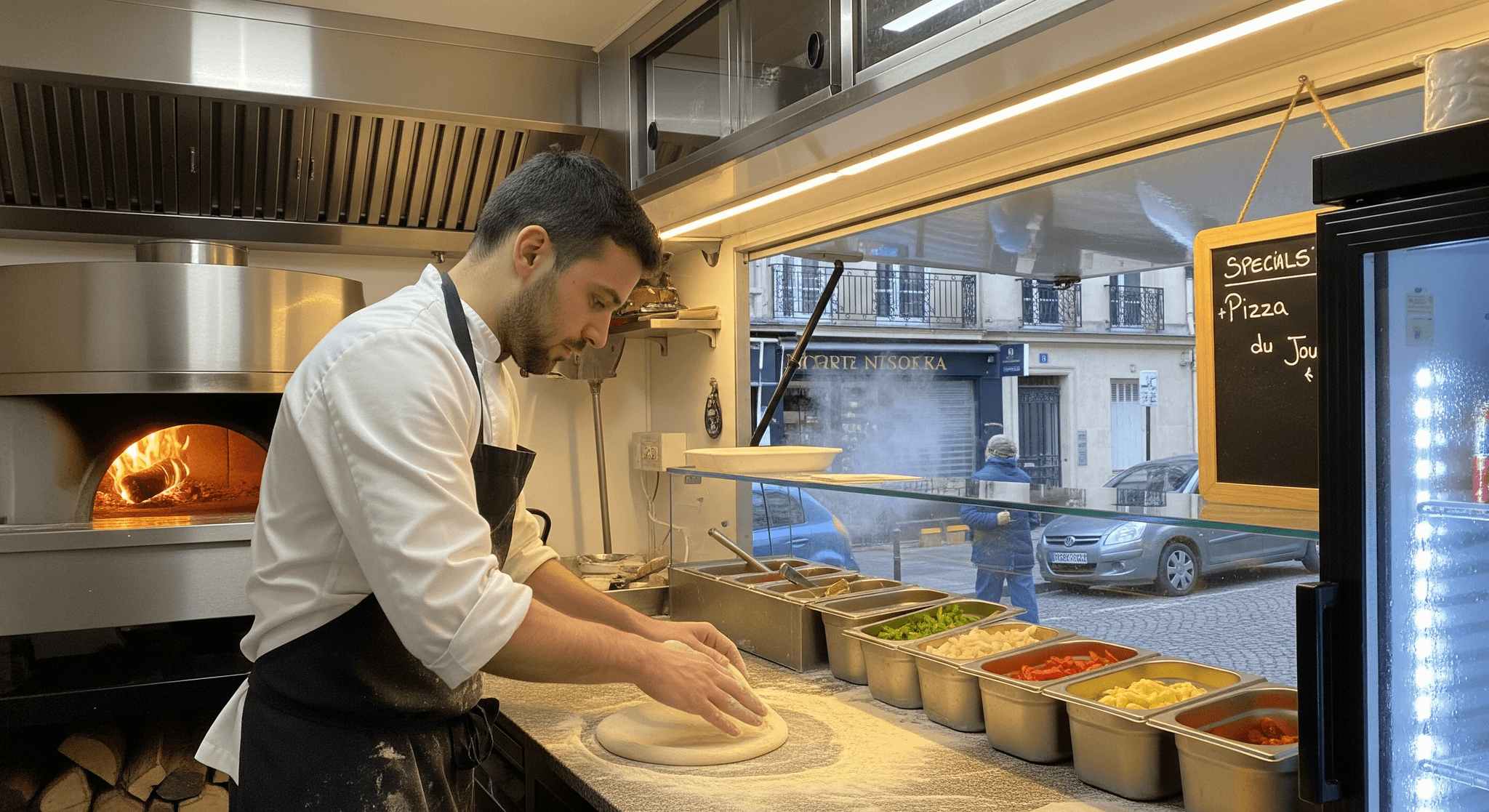 Pizzaiolo étalant la pâte dans un food truck avec four à bois, ingrédients frais et hotte professionnelle.