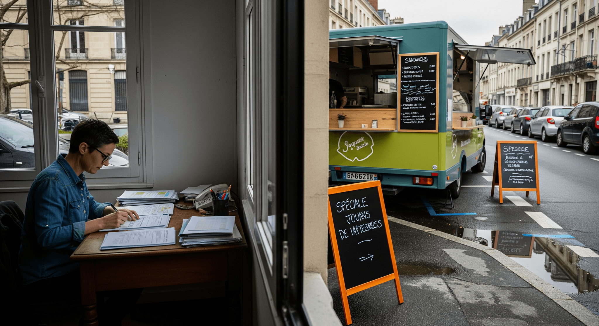 Femme au bureau préparant des documents et food truck vert aménagé avec menu ouvert, stationné en ville.