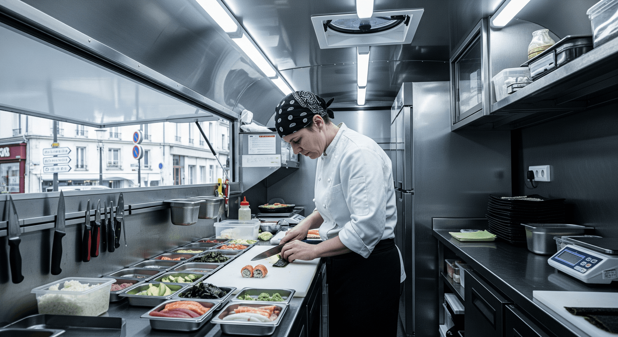 Aménagement intérieur de food truck sushi MCR : chef préparant makis sur plan de travail inox, ingrédients frais pour restauration mobile.