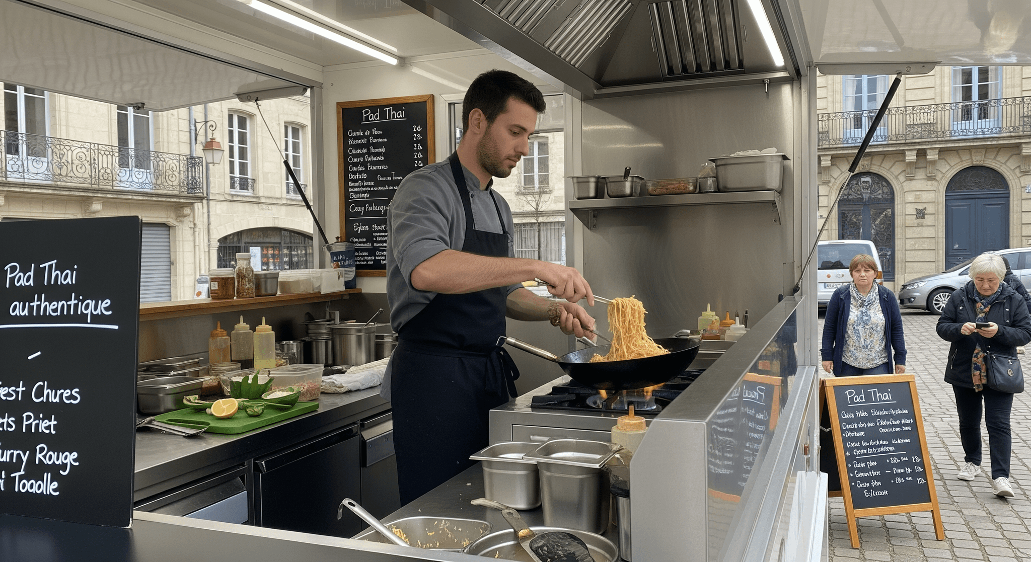 Chef prépare Pad Thai au wok dans un food truck street food thaïlandais avec aménagement professionnel en inox.