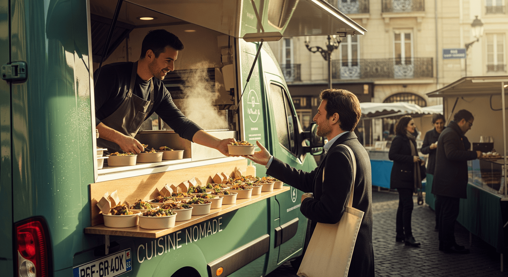 Food truck vert aménagé servant des repas frais en bols écoresponsables à un client. Cuisine nomade zéro déchet.