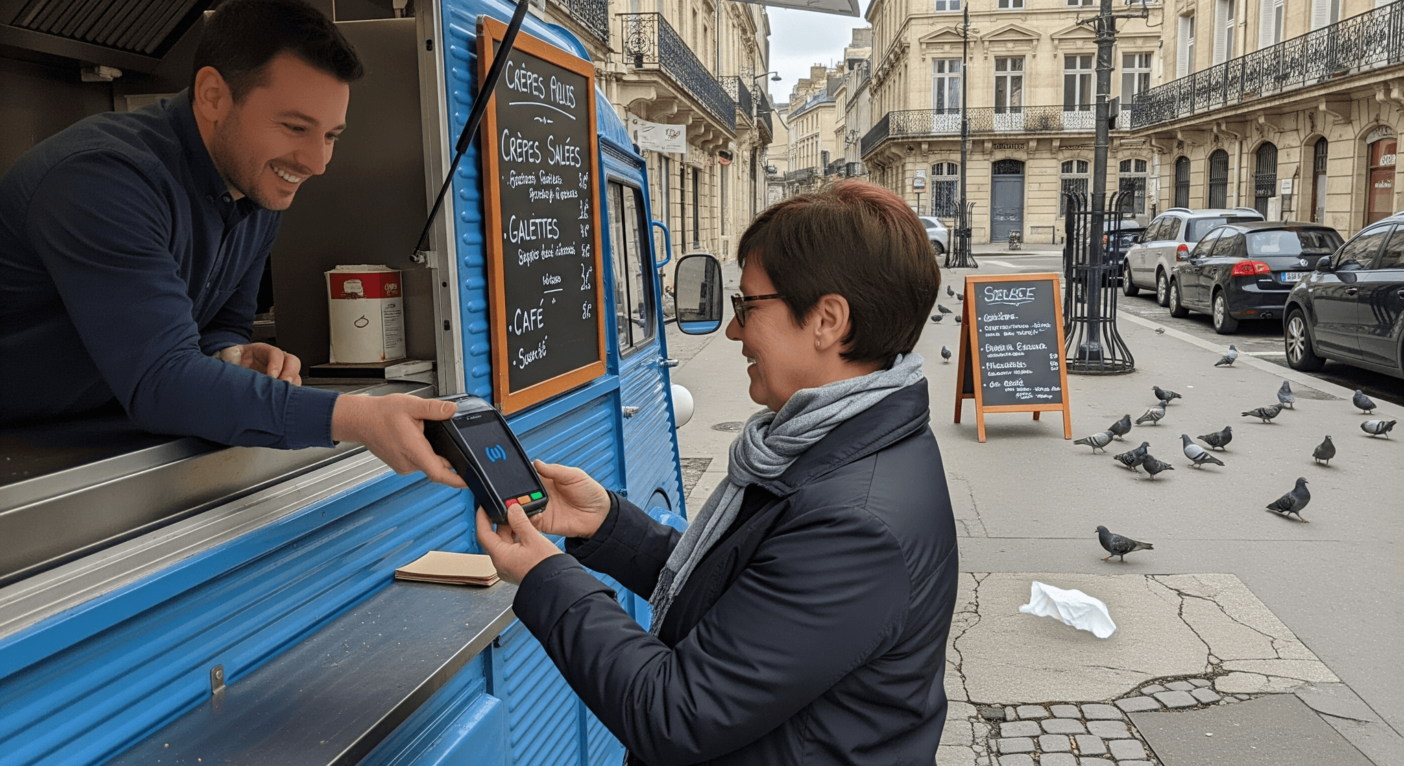 Clientèle et vendeur souriants utilisant le paiement sans contact devant un food truck crêperie bleu aménagé en milieu urbain.