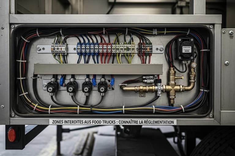 Panneau électrique et système de gaz d'un food truck avec connecteurs et régulateurs de sécurité