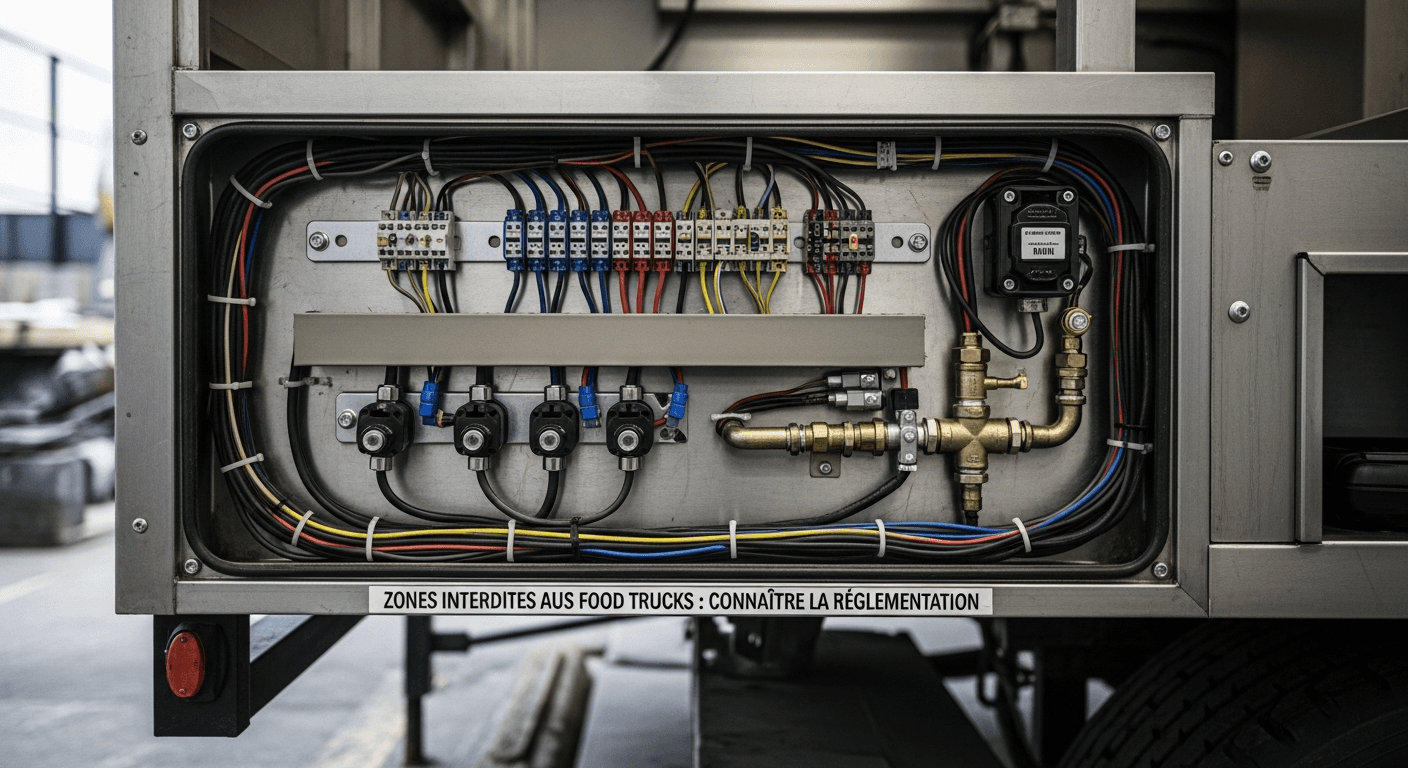 Panneau électrique et système de gaz d'un food truck avec connecteurs et régulateurs de sécurité