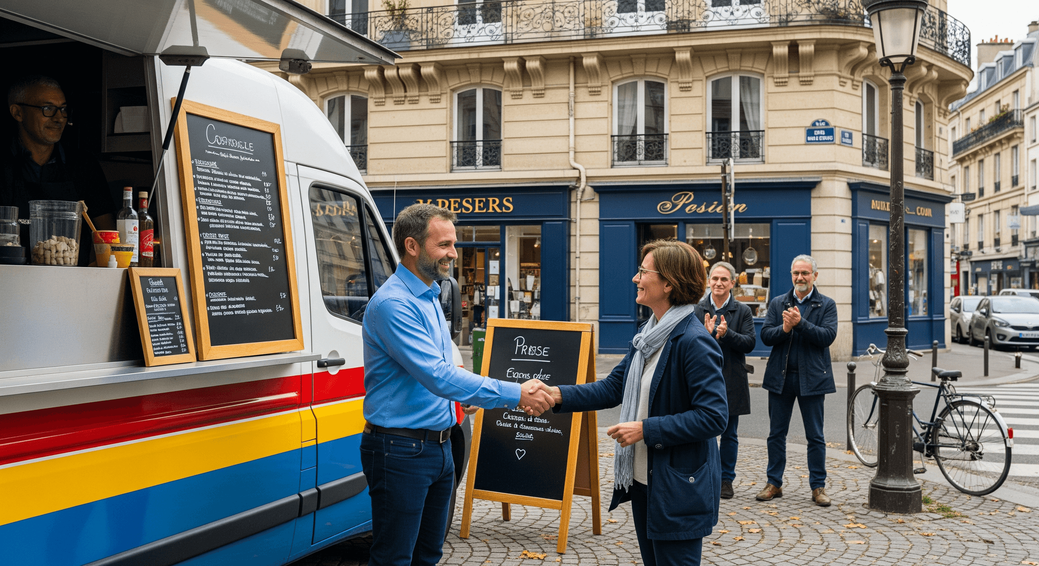 Poignée de main scellant un partenariat devant un food truck aux couleurs vives en milieu urbain.