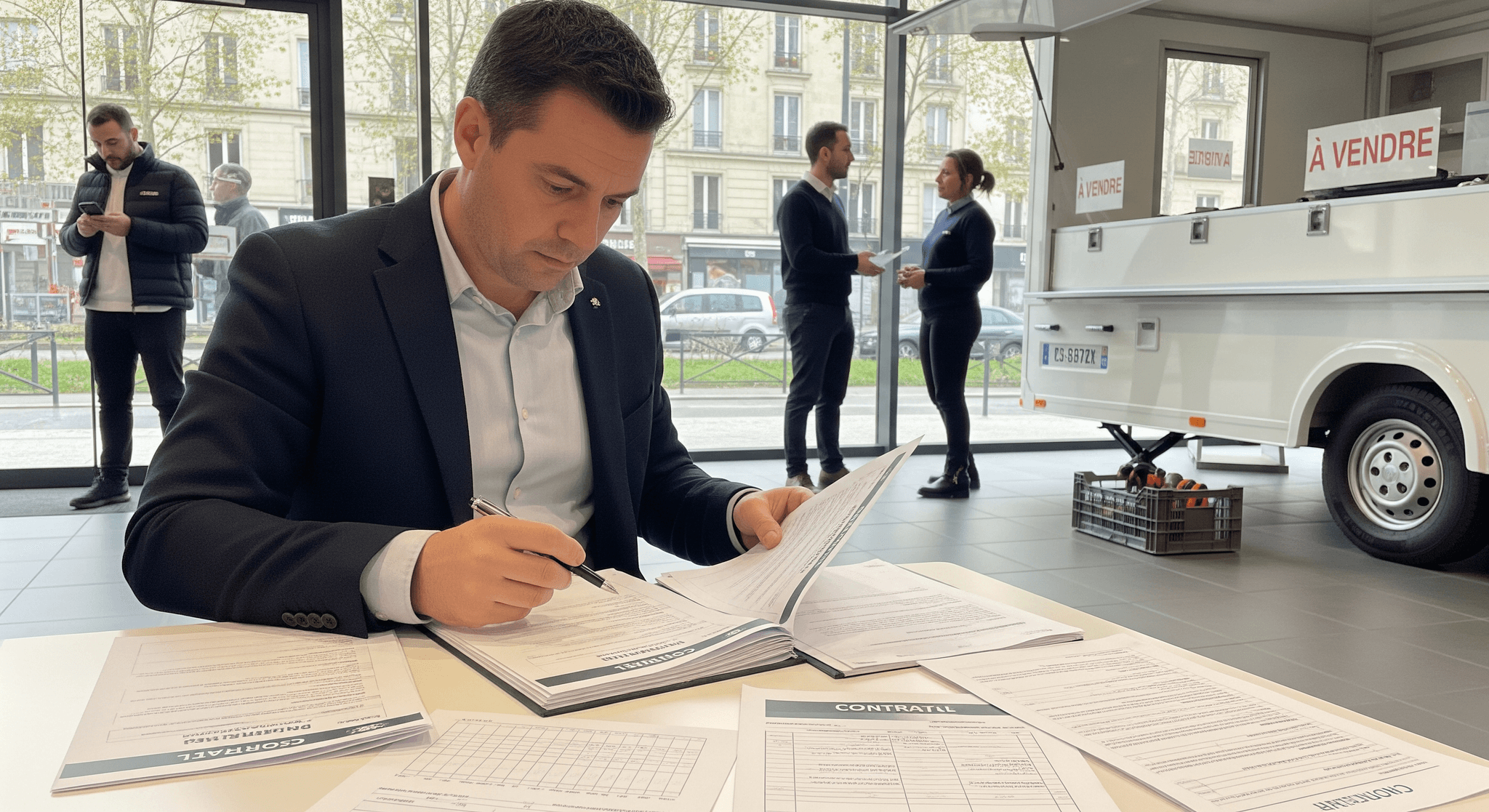 Client signe contrat d'achat pour une remorque food truck MCR. Véhicule aménagé "À VENDRE" visible en arrière-plan showroom.
