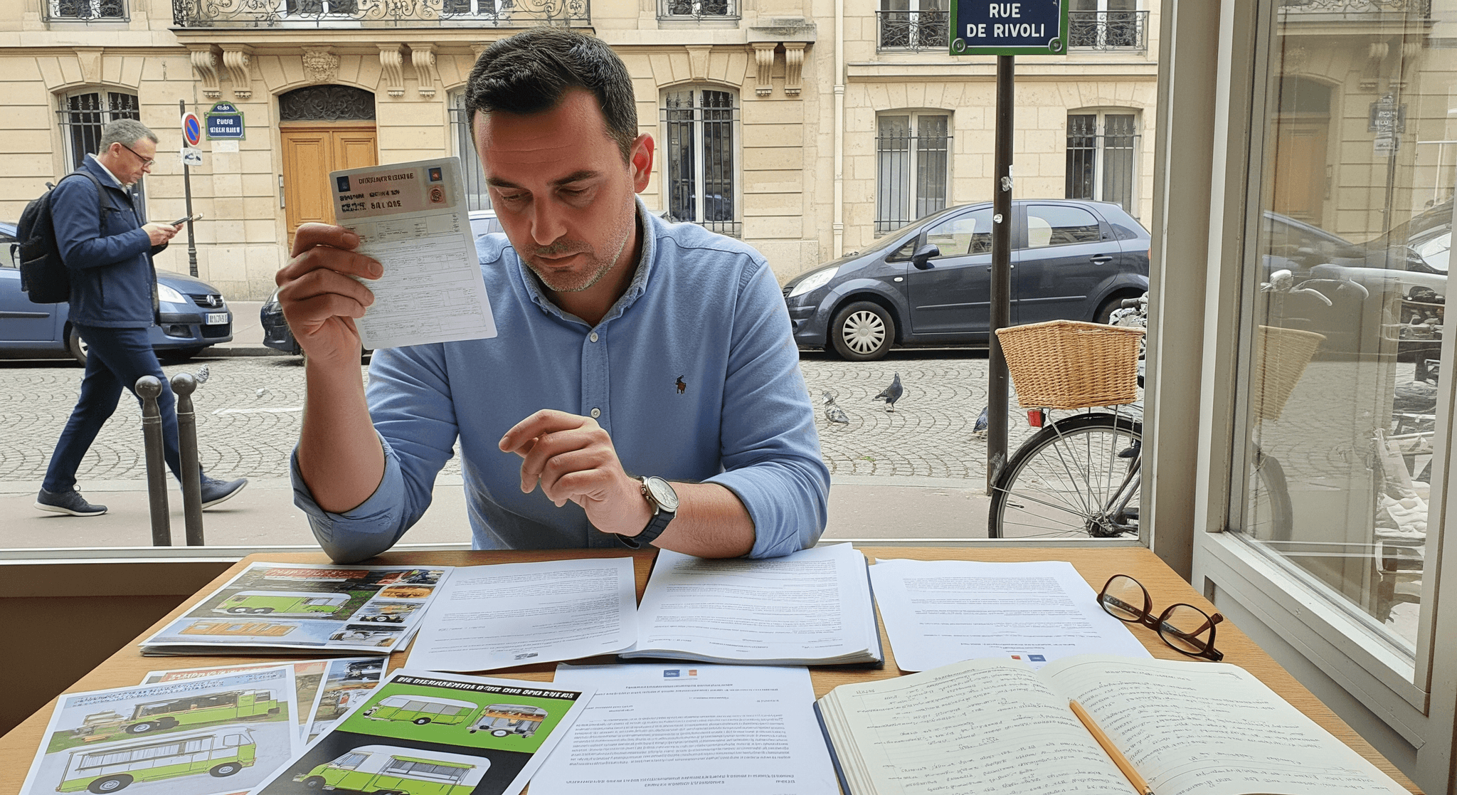 Homme étudiant un document sur les permis (B, B96, BE) pour remorques food truck, entouré de croquis de concepts mobiles.