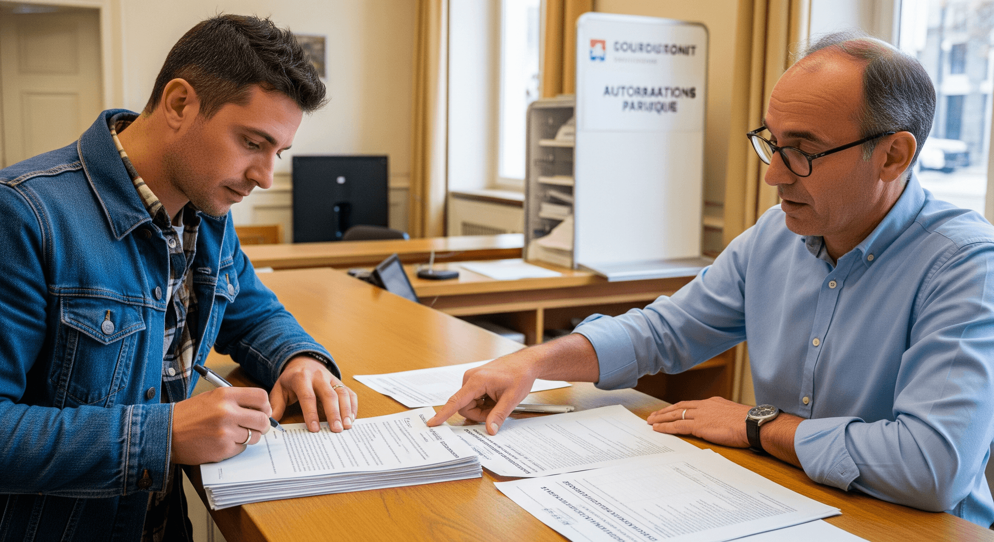 Entrepreneur signant un contrat avec un conseiller pour les permis de stationnement ou de voirie d'un concept mobile de restauration.