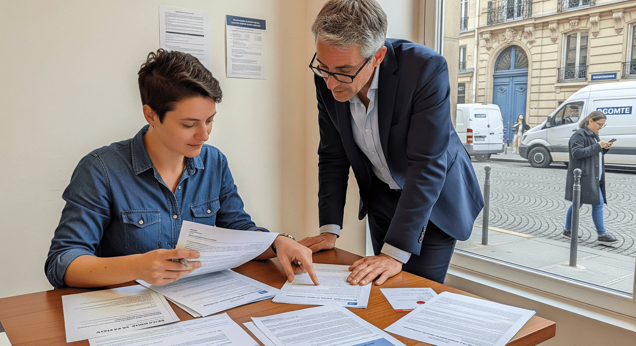 Deux personnes analysent des documents administratifs pour l'obtention de permis et licences de food truck.