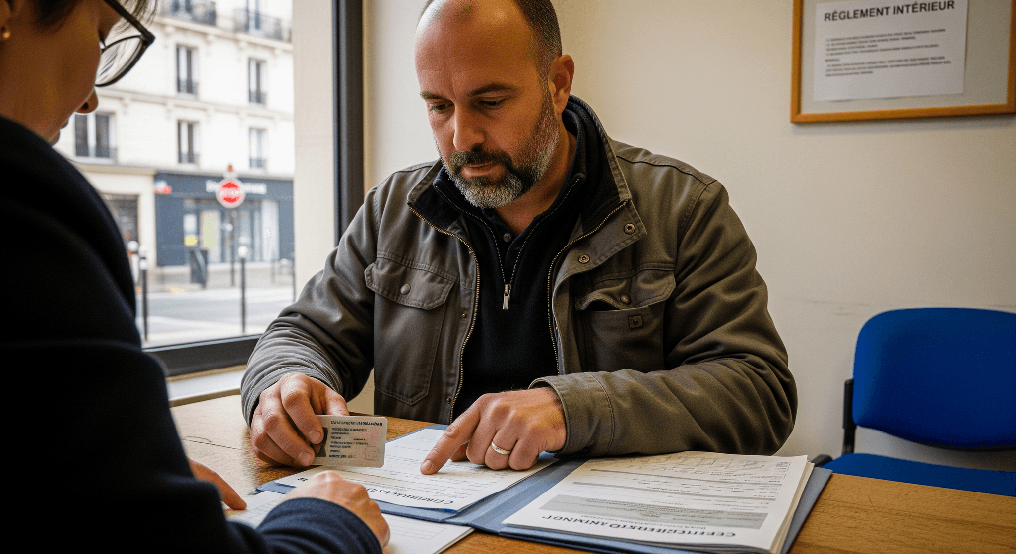 Homme examinant son permis de conduire et des papiers administratifs, essentiels pour un food truck poids lourd.