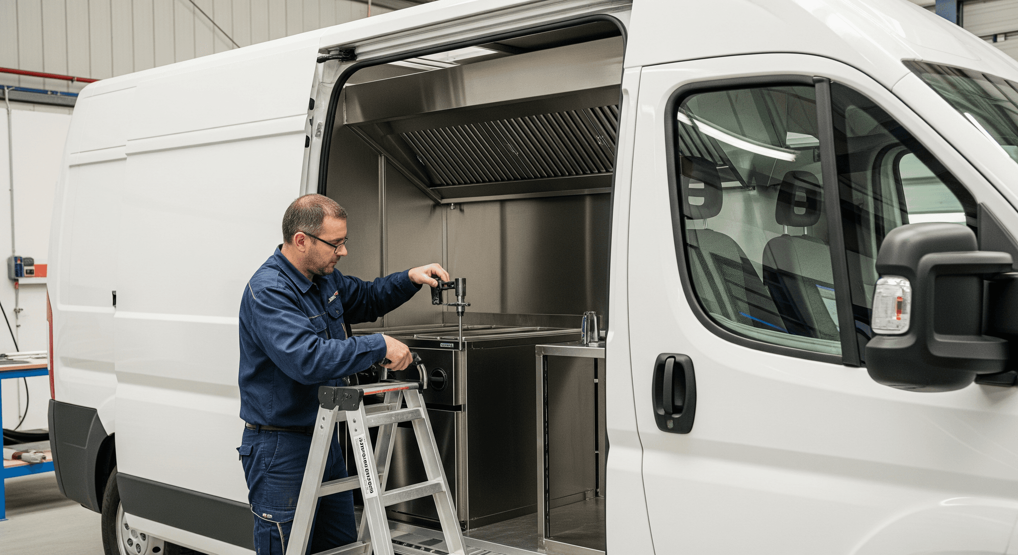 Technicien MCR finalise l'aménagement cuisine inox d'un food truck sur base Peugeot Boxer.