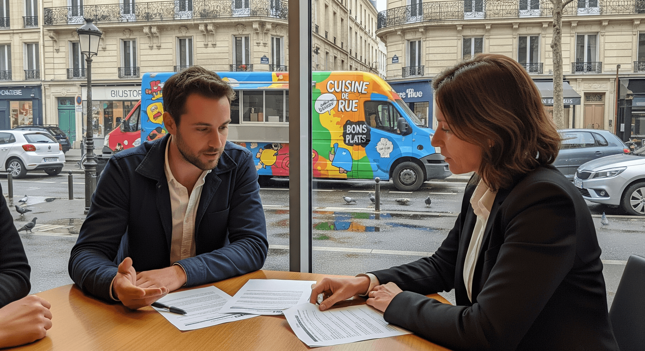 Deux entrepreneurs discutent financement projet restauration mobile, avec un food truck 'Cuisine de Rue' coloré en arrière-plan urbain.