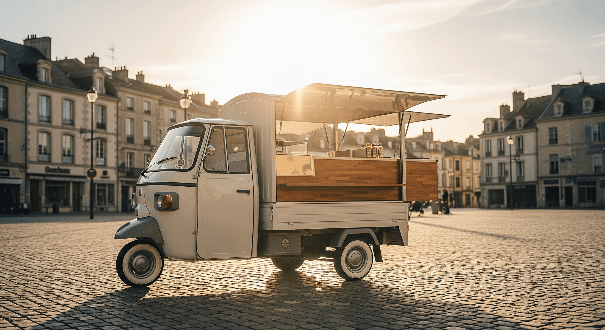 Piaggio Ape aménagé en comptoir mobile de restauration, finition bois, sur place historique au soleil couchant.
