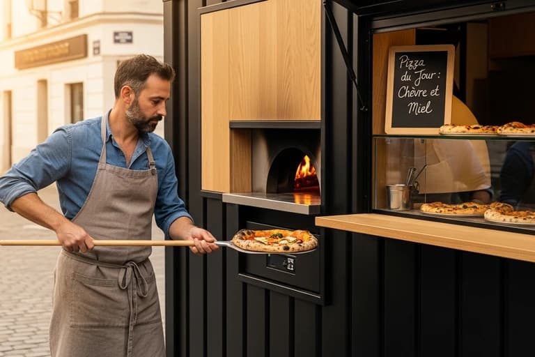 Pizzaiolo utilisant un four à bois intégré dans un container aménagé pour cuire des pizzas artisanales