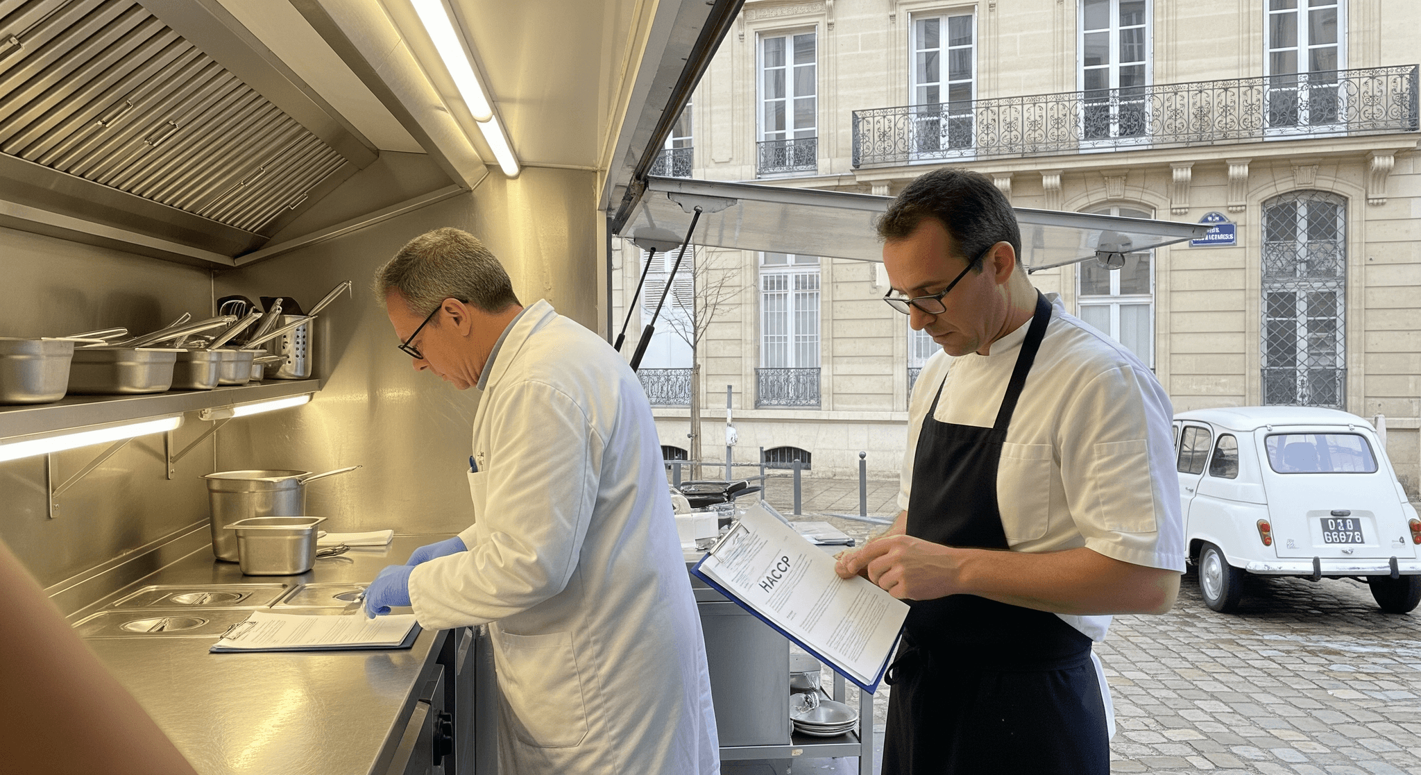 Deux professionnels examinent un plan HACCP dans la cuisine inox d'un food truck aménagé, accent sur la maîtrise sanitaire.
