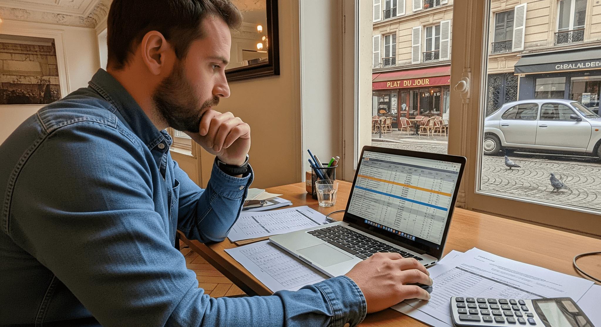 Homme travaillant sur un plan de trésorerie détaillé pour concept de restauration mobile sur ordinateur.