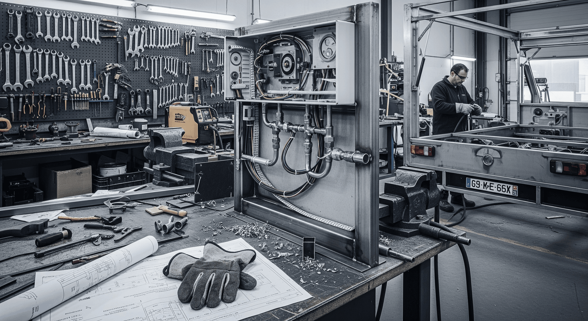Aménagement technique d'un food truck MCR en atelier : armoire électrique, plomberie et gaz, plans, technicien à l'ouvrage.
