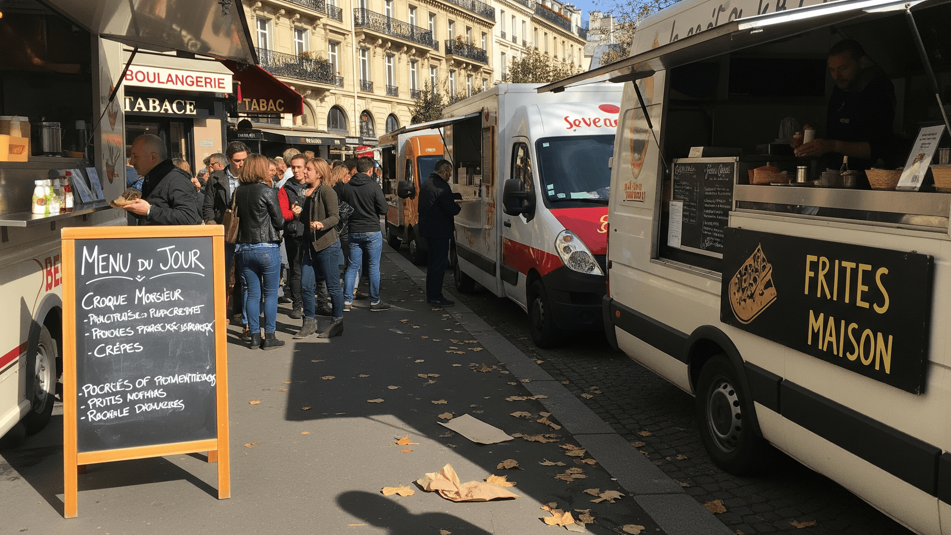 Plusieurs food trucks aménagés en service à Paris, clients en attente pour un repas en restauration ambulante.