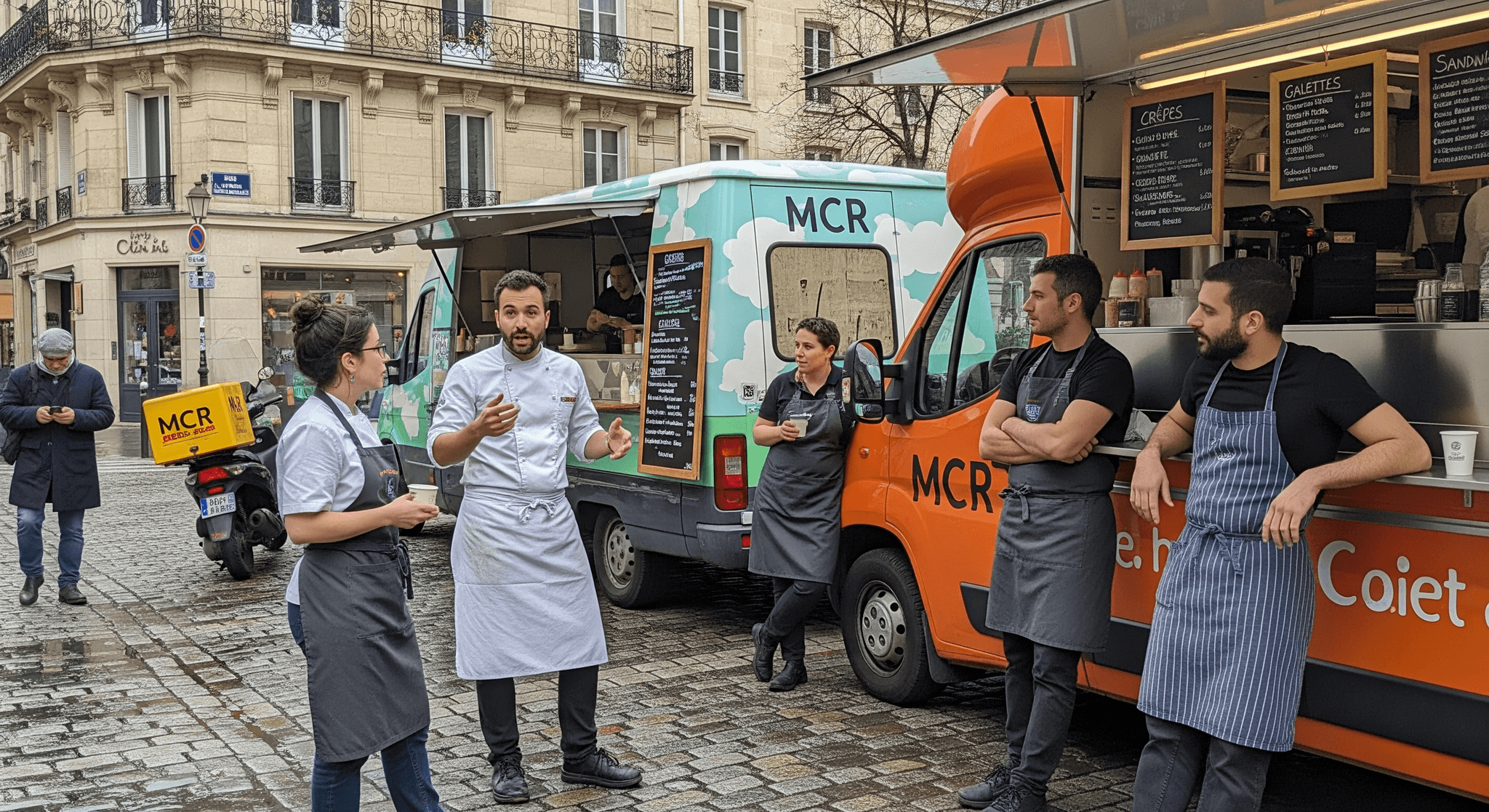 Food trucks MCR bleu et orange, avec équipe de restaurateurs professionnels en discussion.