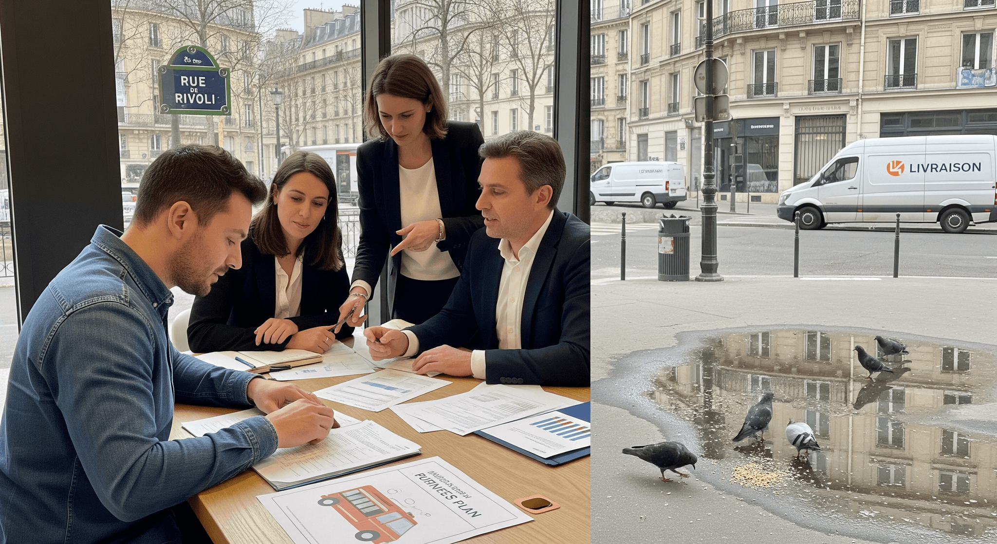 Professionnels en réunion à Paris, examinant un business plan de food truck et projet de restauration mobile.
