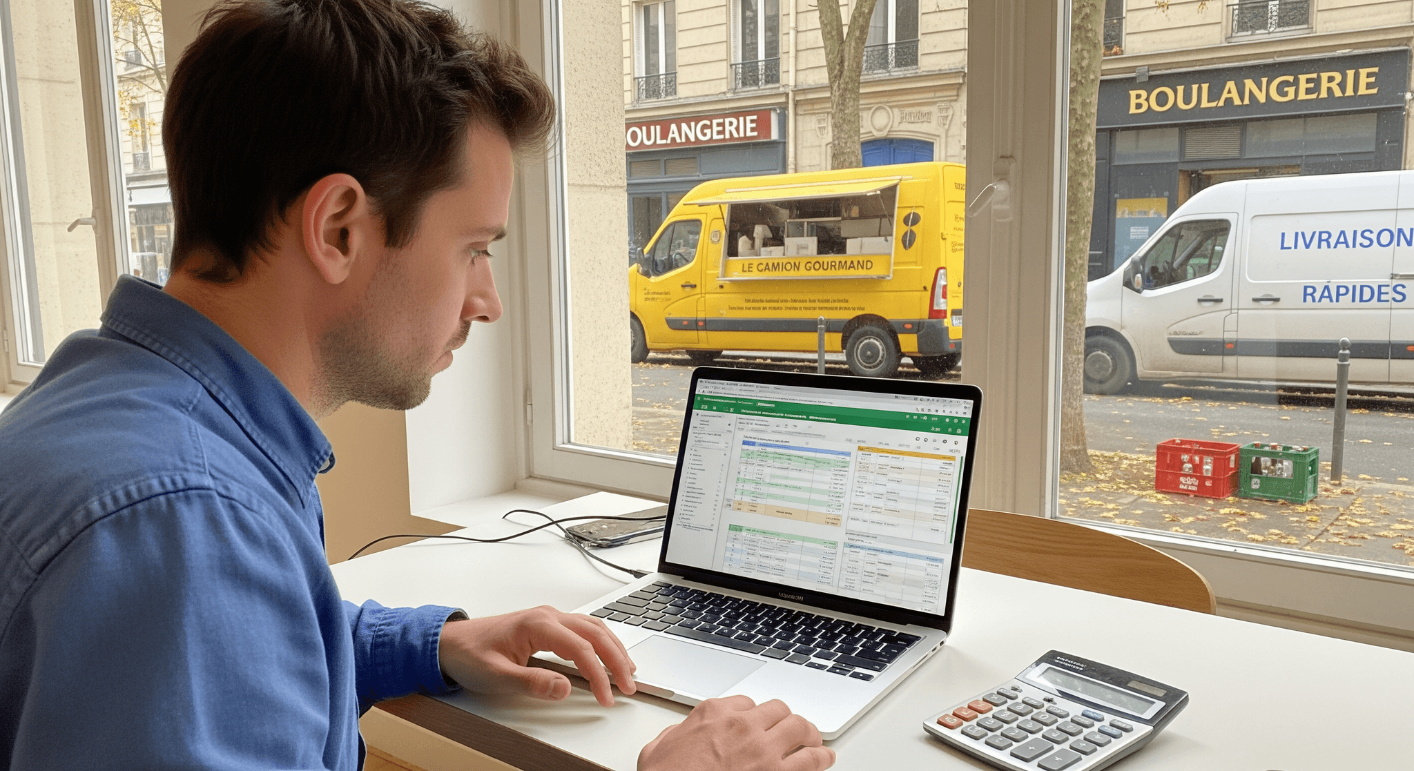 Entrepreneur créant un prévisionnel financier de food truck sur son laptop, un concept mobile jaune visible.