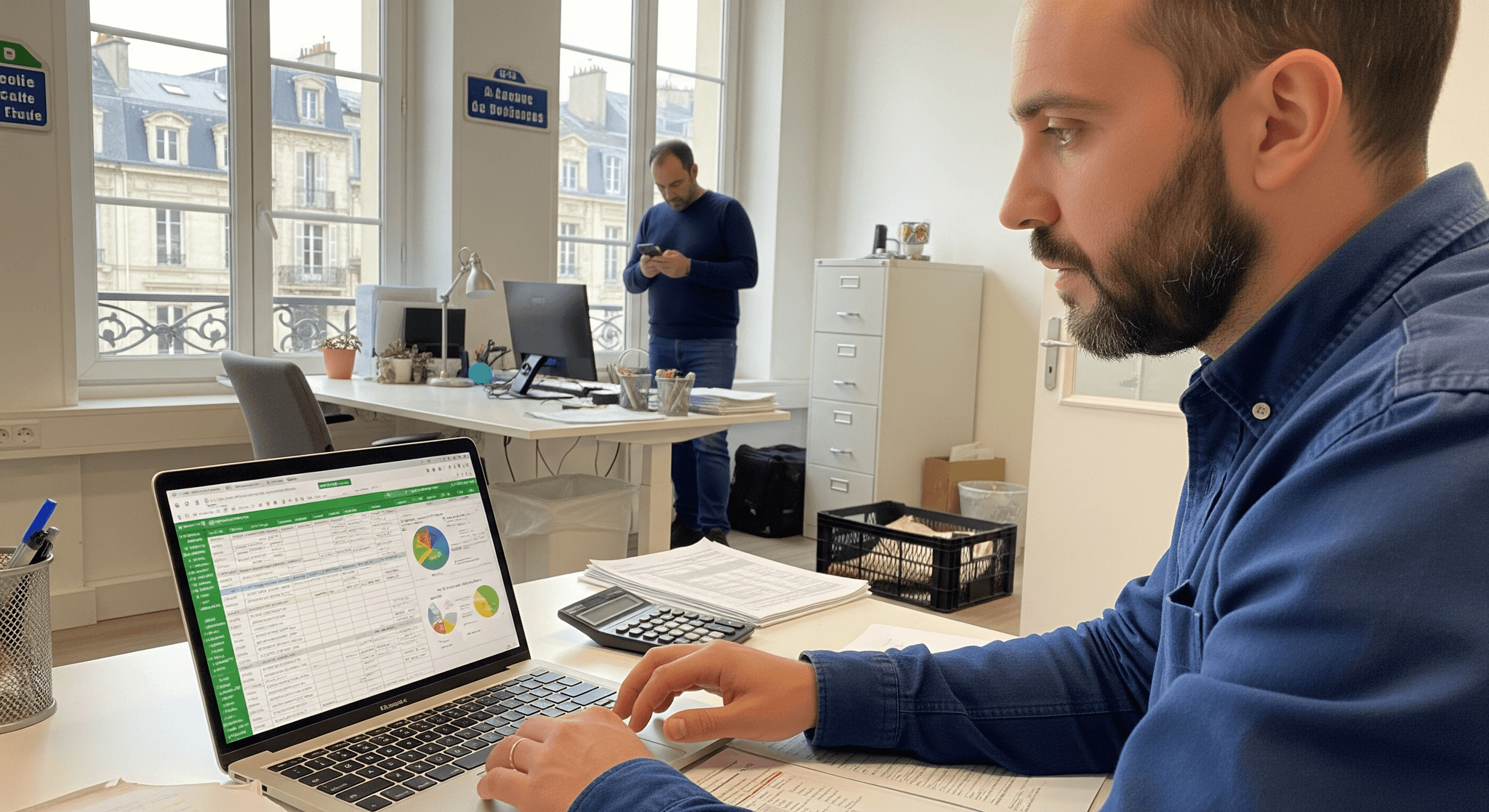 Entrepreneur analysant un prévisionnel financier sur Excel pour un projet de food truck ou remorque aménagée.