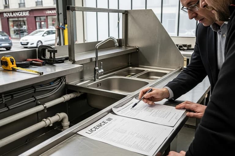 Professionnel examinant des documents de licence pour vente d'alcool dans un food truck en construction