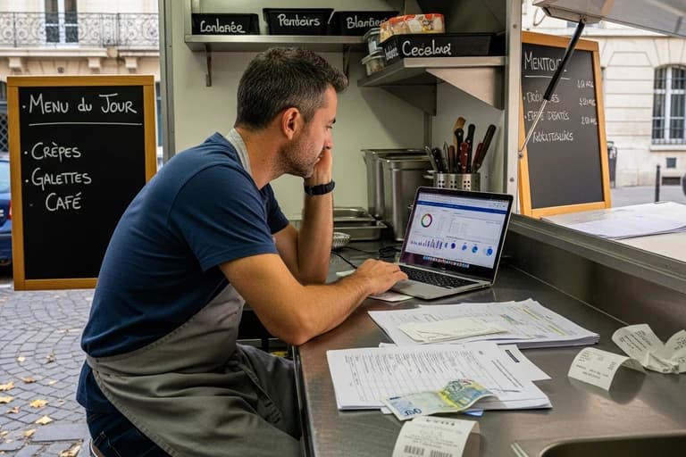 Propriétaire de food truck gérant sa comptabilité sur ordinateur portable dans sa remorque mobile