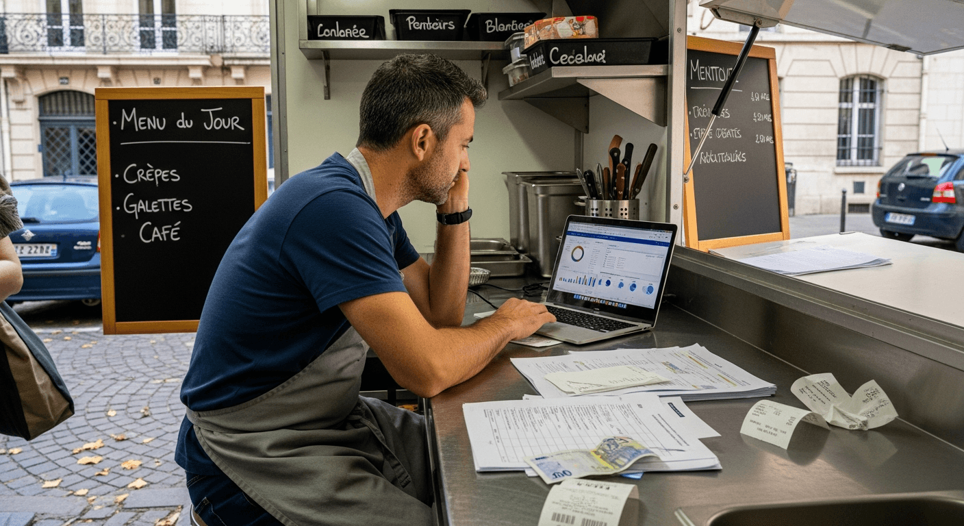 Propriétaire de food truck gérant sa comptabilité sur ordinateur portable dans sa remorque mobile