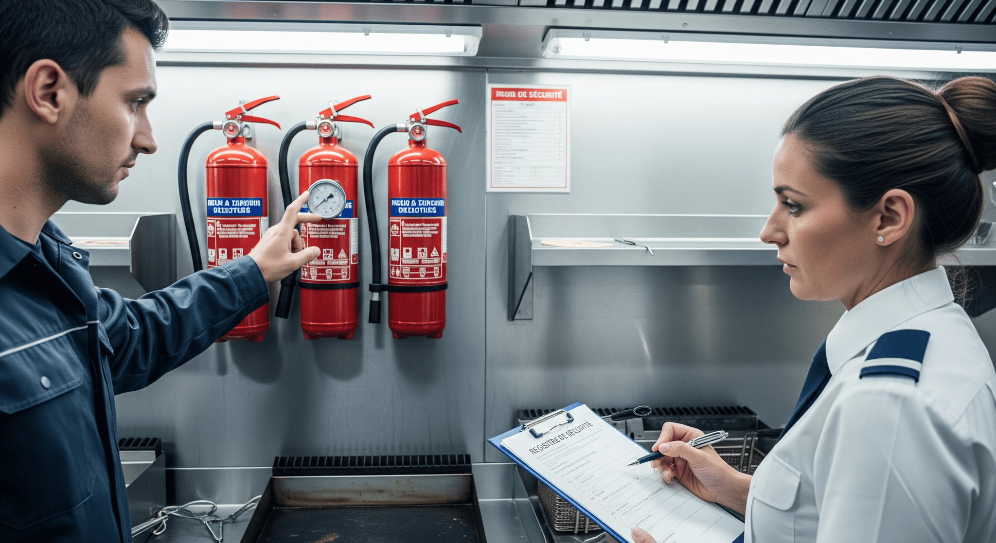 Contrôle de sécurité des extincteurs dans la cuisine professionnelle en inox d'un food truck MCR.