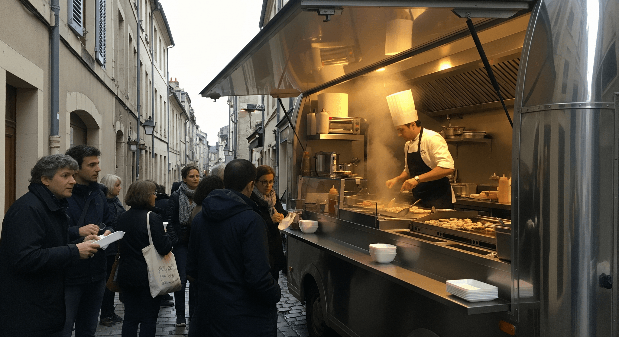 Food truck design avec cuisine professionnelle en inox; chef cuisine sur plancha pour clients en centre-ville.