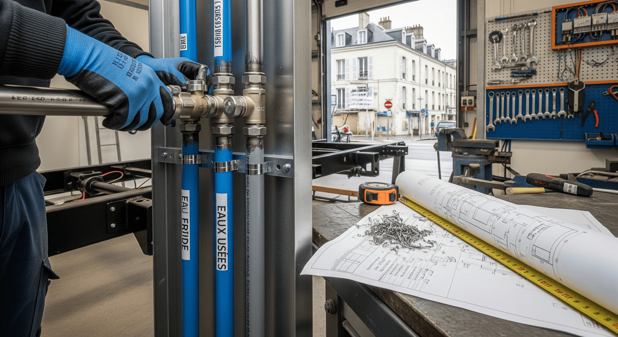 Expert effectuant le raccordement des systèmes d'eau froide et eaux usées pour un container aménagé.