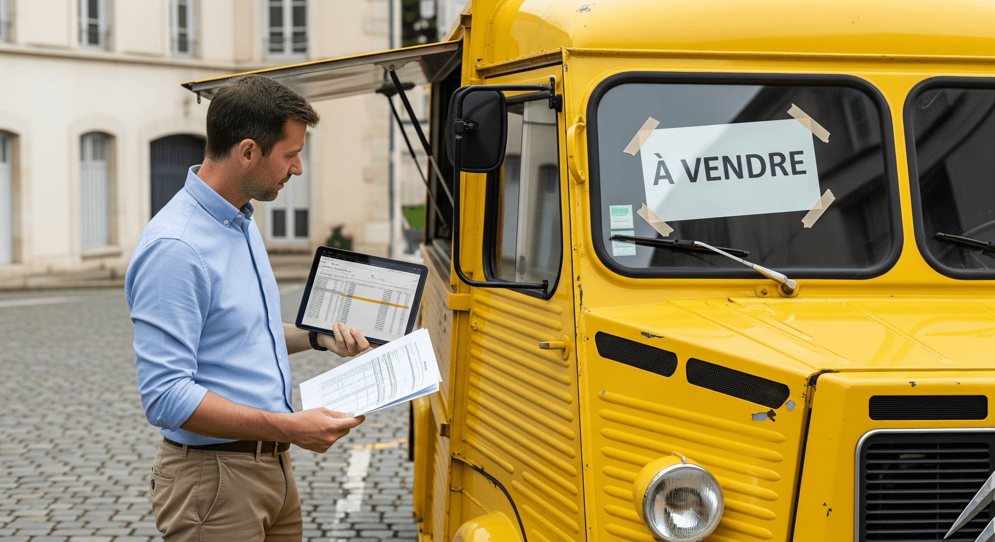 Homme avec tablette et documents évaluant un food truck Citroën Type H jaune d'occasion à vendre.