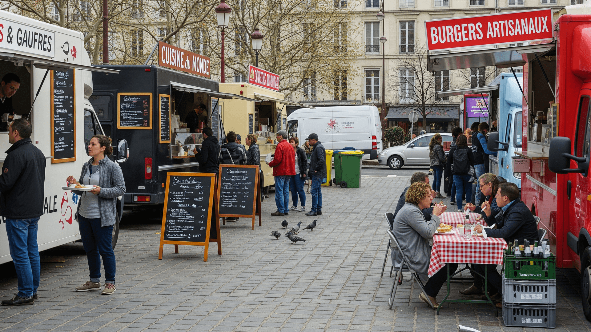 Rassemblement animé de food trucks proposant crêpes, burgers et cuisine du monde sur une place pavée urbaine.