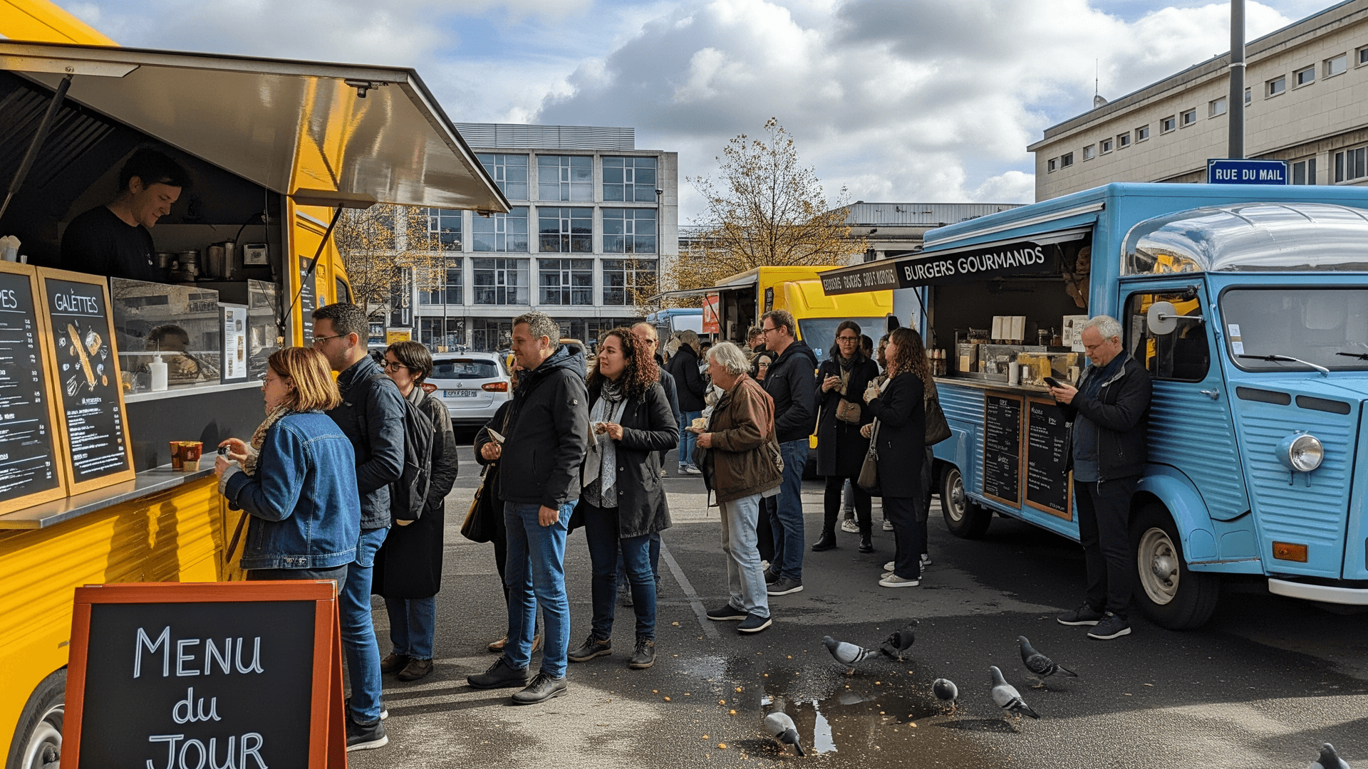 Rassemblement de food trucks MCR : jaune (crêpes) et bleu (burgers) avec clients en file, en centre-ville.