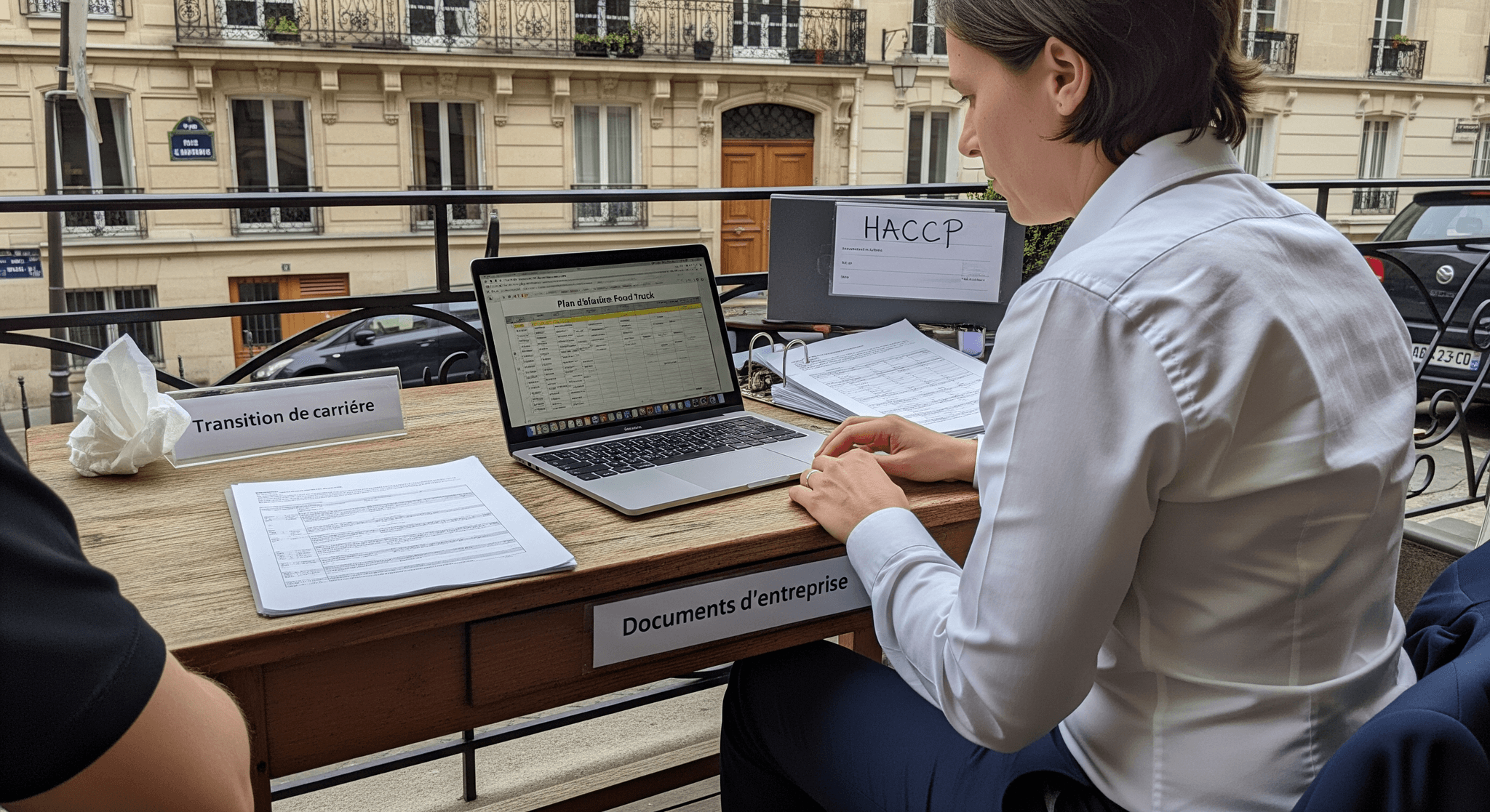 Préparation projet food truck : personne consulte plan d'affaires sur laptop, documents HACCP et transition carrière visibles.