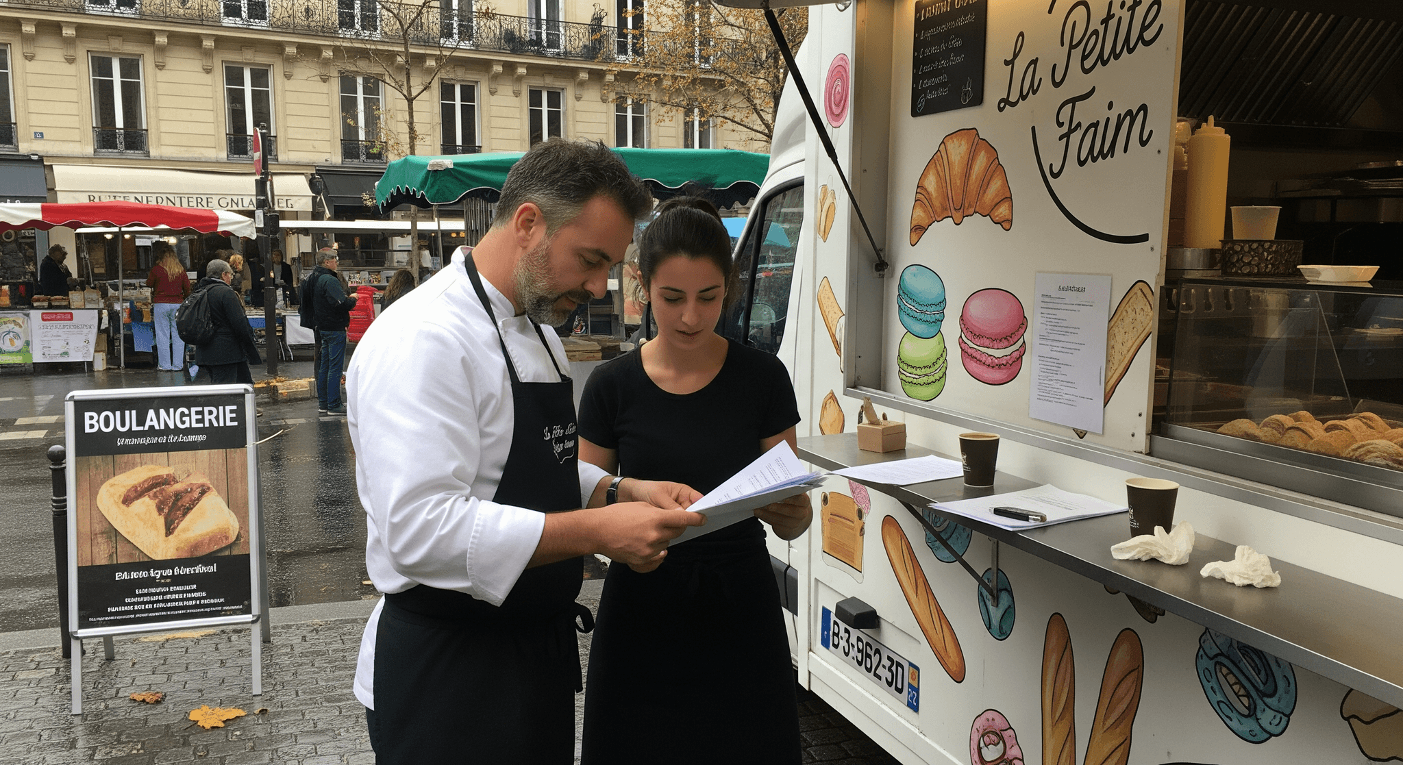 Chef et employée étudient des documents devant un food truck 'La Petite Faim' décoré de pâtisseries.