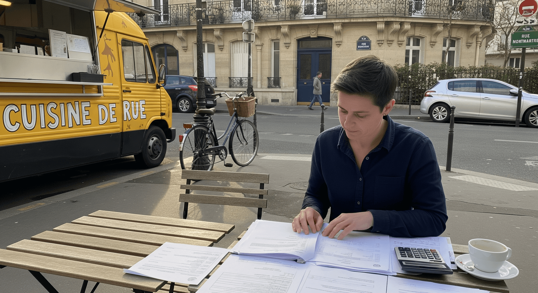 Entrepreneur gérant ses documents financiers sur une terrasse devant un food truck jaune 'Cuisine de Rue' à Paris.