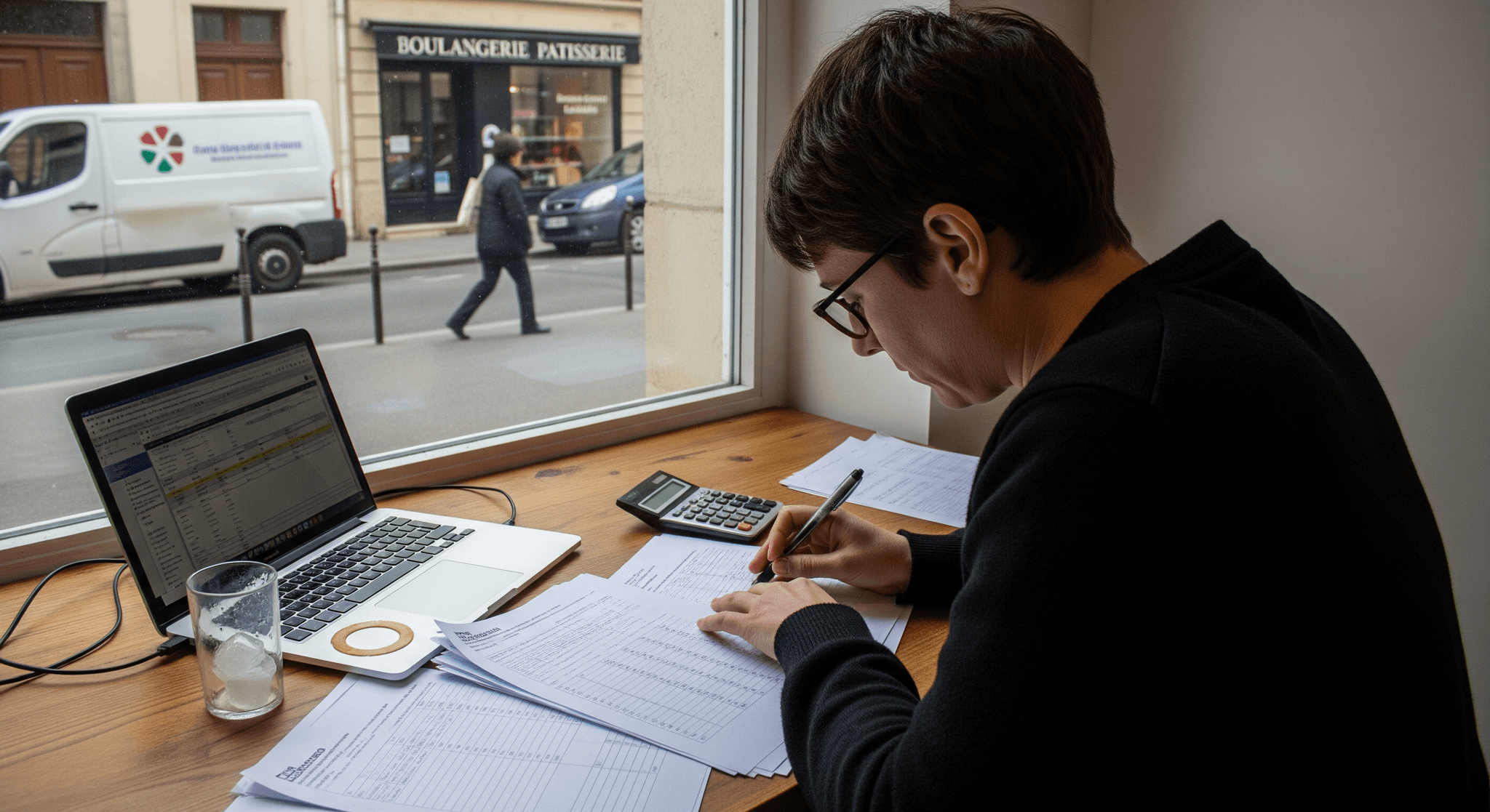 Gérant(e) de concept mobile de restauration calculant TVA et impôts sur des formulaires fiscaux.