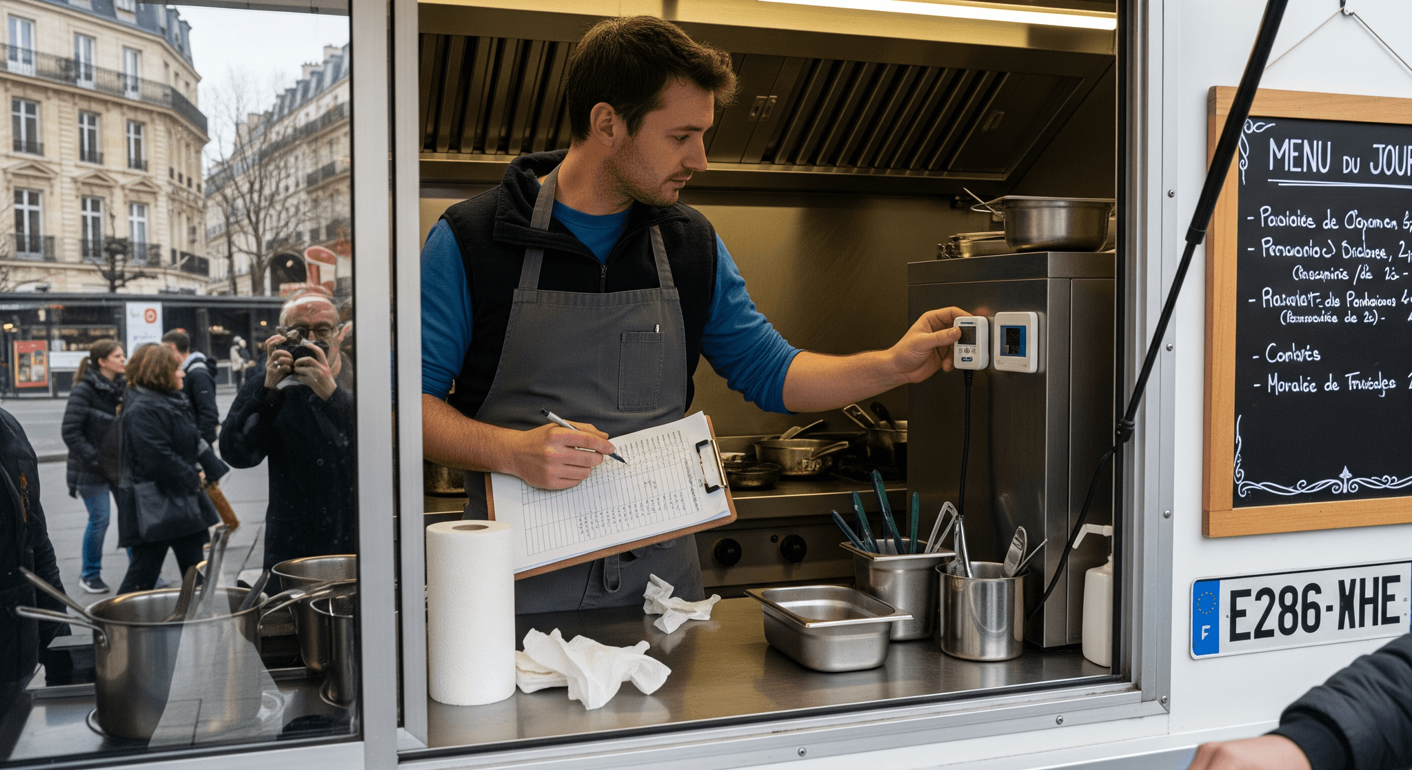 Cuisinier en food truck enregistrant les températures de ses équipements professionnels de cuisine en inox pour HACCP.