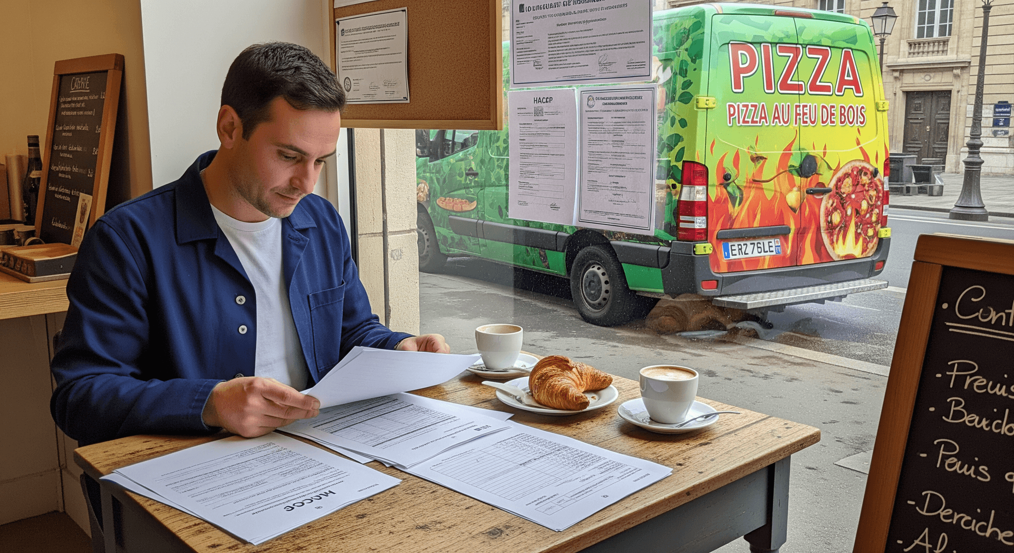 Homme étudiant des documents réglementaires devant un food truck pizza au feu de bois affichant des certifications HACCP.