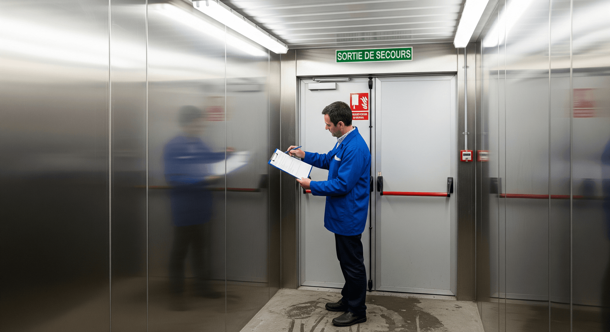 Technicien inspectant les normes de sécurité d'un container aménagé : sortie de secours, alarme incendie, murs inox.