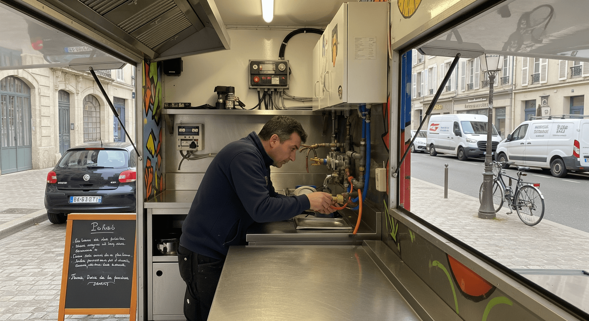 Technicien vérifie les raccordements gaz d'un food truck cuisine inox avant remise en service en ville.