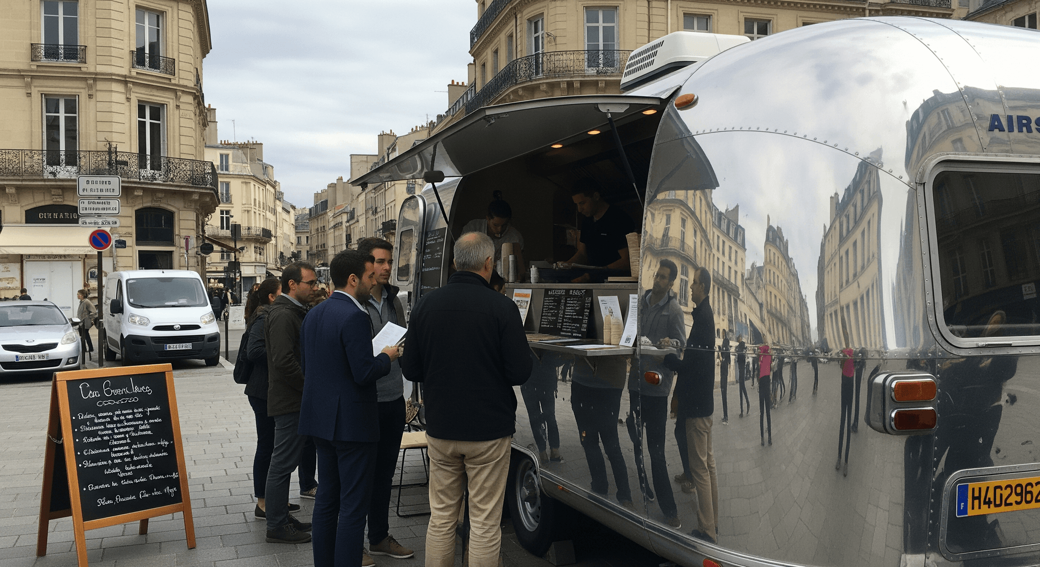 Remorque food truck Airstream chromée Mon Camion Resto en pleine activité, servant des clients dans une rue parisienne animée.