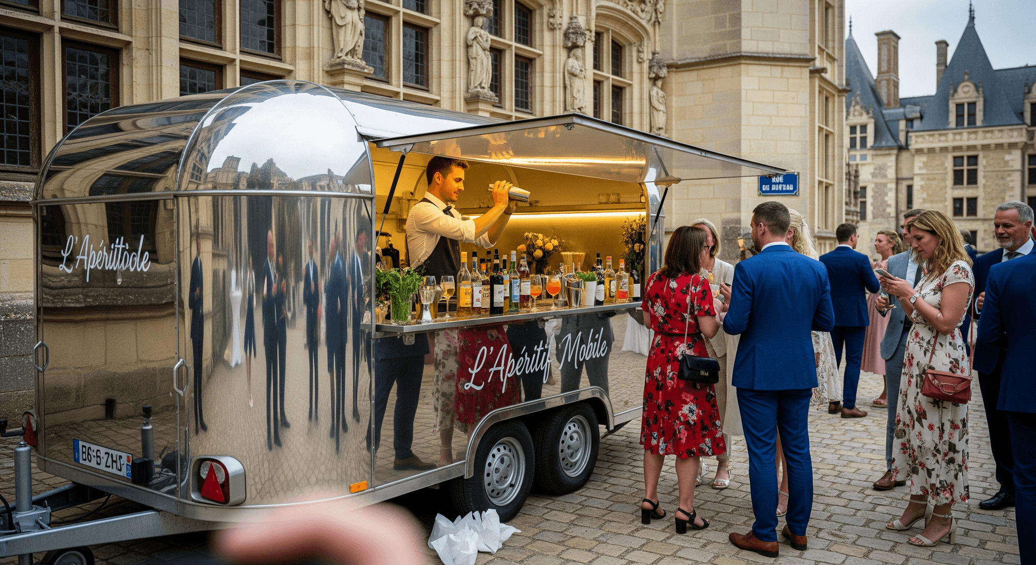Remorque bar à cocktails chromée "L'Apéritif Mobile" avec barman préparant des boissons pour des convives à un événement.
